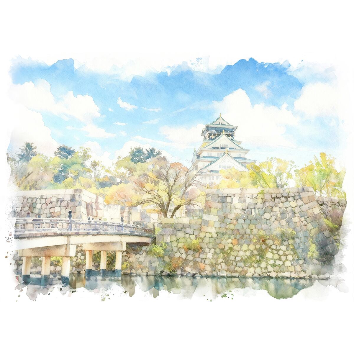 絵画(風景画) 日本の城 大阪府 大阪城 インテリアアート額付き 水彩画・油絵調 WAT1358