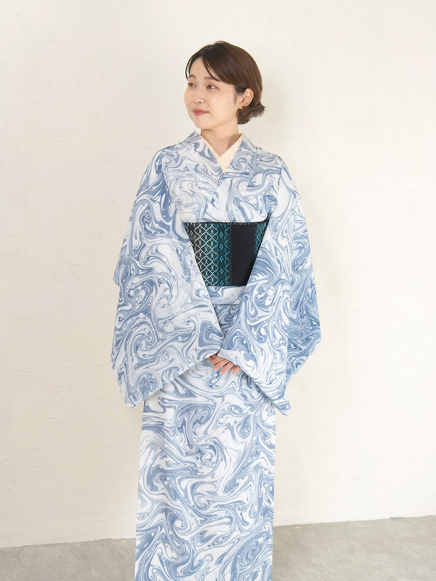 再販〉露草色  マーブル×ドット柄 セオアルファ着物｜春秋単衣・盛夏