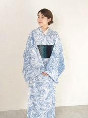 〈再販〉露草色　 マーブル×ドット柄　セオアルファ着物｜春秋単衣・盛夏対応