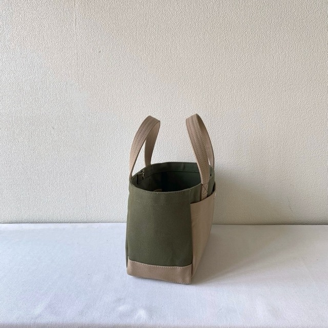 「軽いボックストート」ミニサイズ「オリーブ✕ベージュ」／倉敷帆布 8号帆布【受注制作】