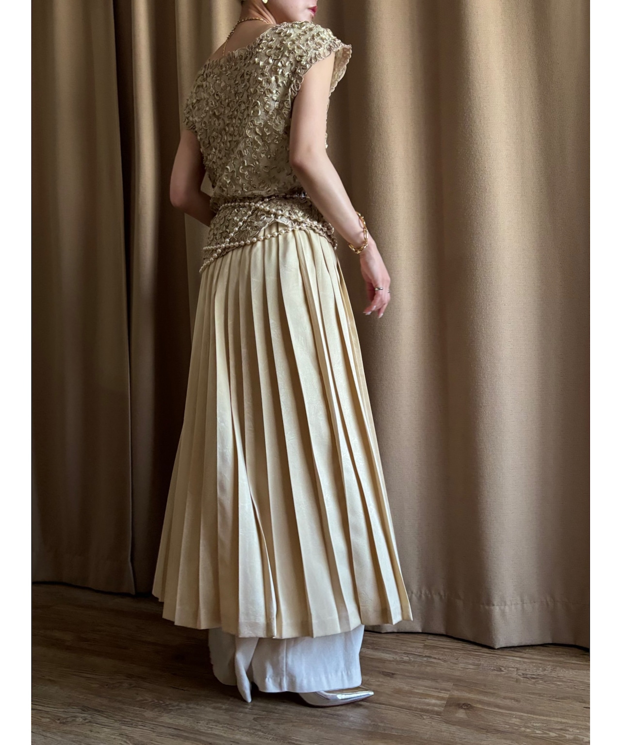 champagne gold elegant pleats skirt--4738-6
