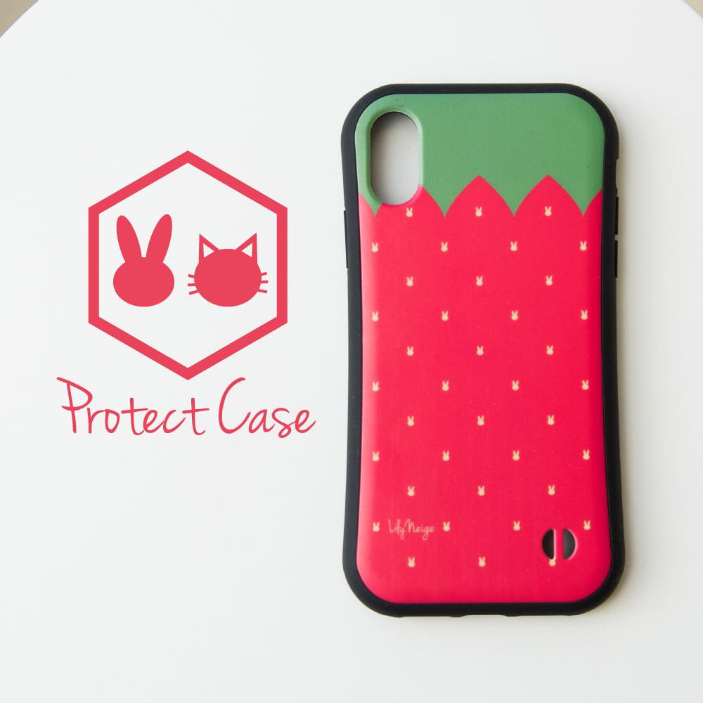 ショルダー付き 三つ折りのウサギスマホケース イチゴ柄 苺