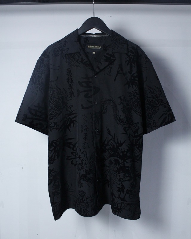 【Caka BLACK】Dragon × "漢字" Flocky Print Loose S/S Open Collar Shirt