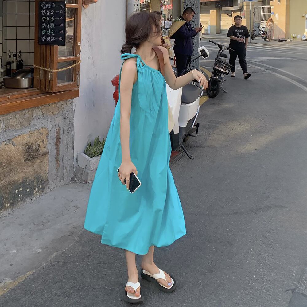 ワンショルダーワマーワンピース 夏ワンピース ライトブルー ゆったり