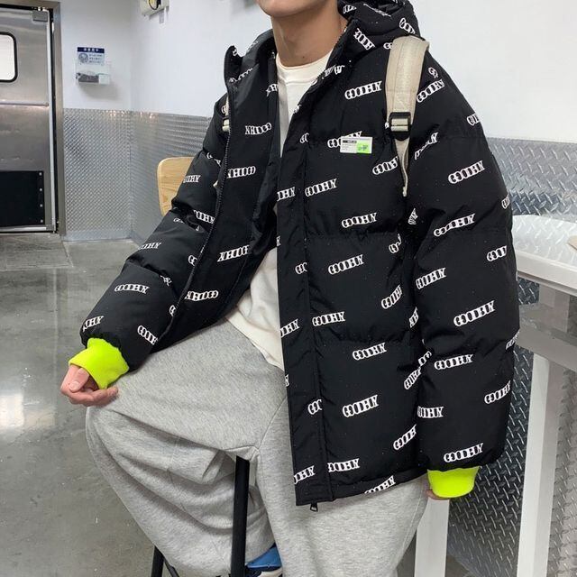 【予約販売】ダウンジャケット 総柄 ボリュームダウン ブラック リブ袖 ブラック ホワイト フード付き ショート丈 防寒 お洒落 カジュアル 秋冬 大きいサイズ M/L/XL