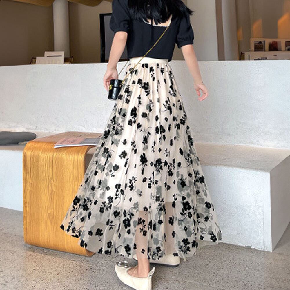 チュールスカート レディース 花柄 ロング おしゃれ きれいめ 大人 かわいい ロングスカート メッシュ チュール カジュアル 大人可愛い 大人女子