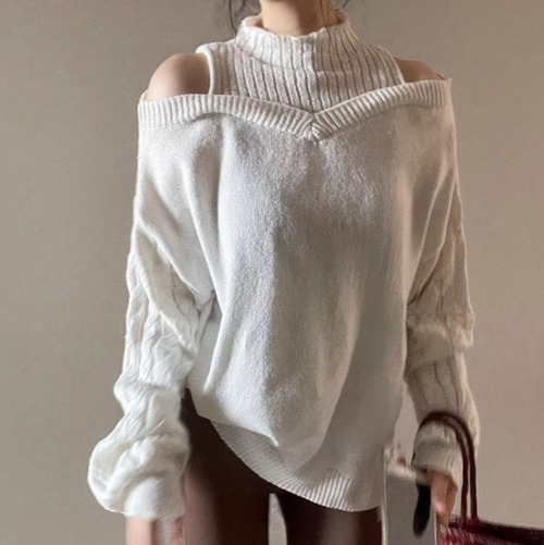 2色／モックネックコンビニットトップス ・13019