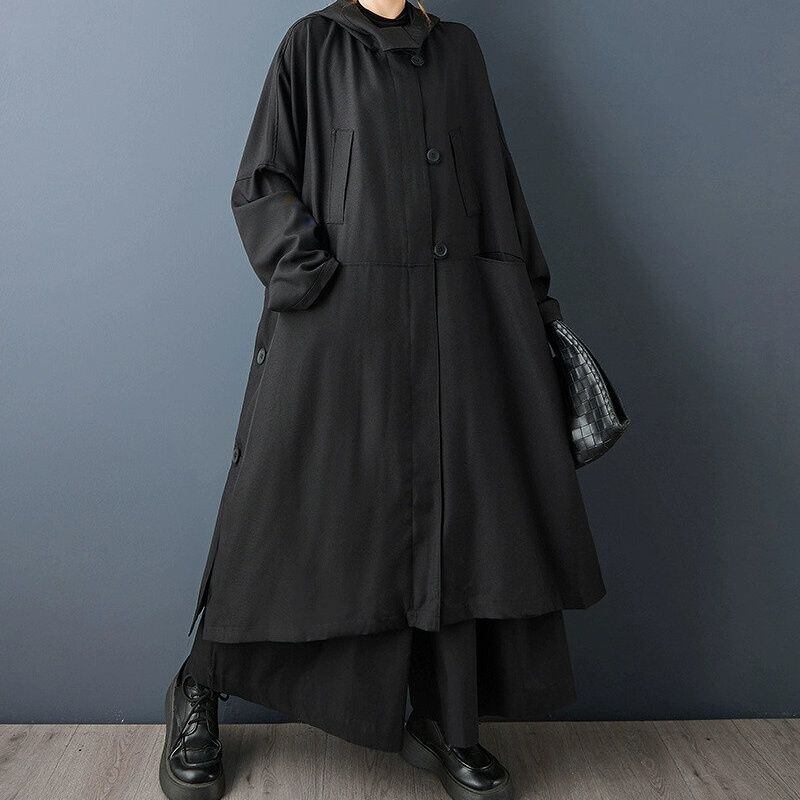 BLACK HOODED A-LINE LONG FULLZIP DESIGN COAT 1color M-14953