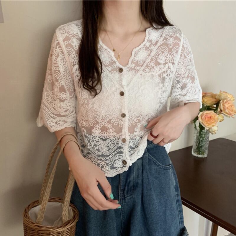 サマースタイルVネック薄手レースシャツ 夏物 ハンチェンe45539057154