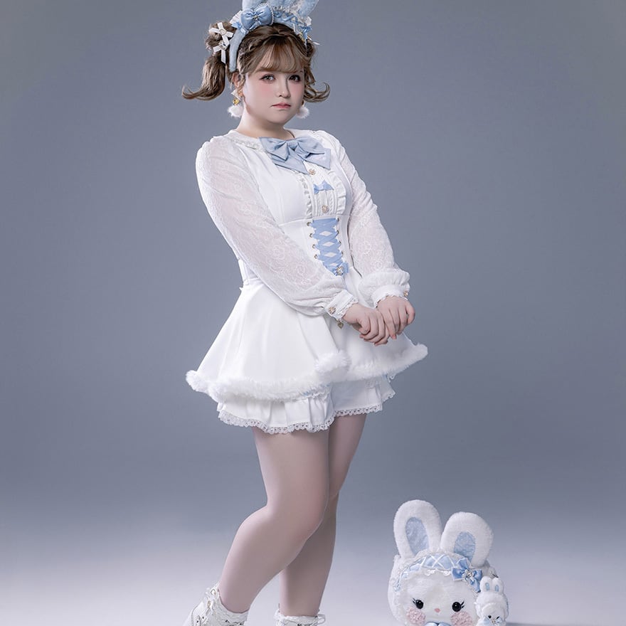 甘ロリ｜うさ耳モチーフのケープ付き4点セット（黒×ピンク／白×ブルー