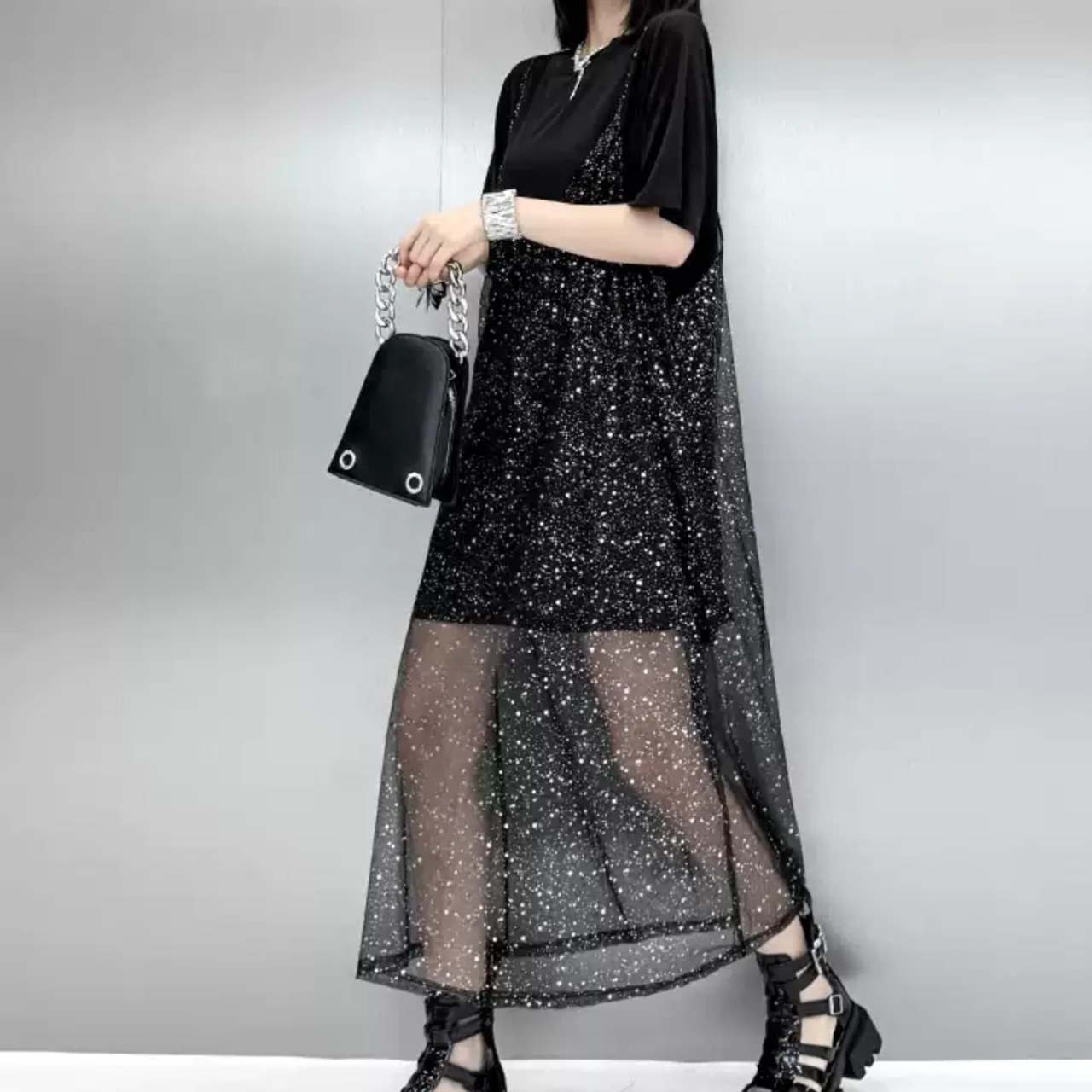 Silver mesh camisole and short-sleeved T-shirt set (ME402)