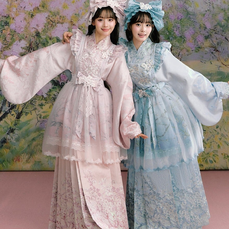 中華ロリータ 上衣×プリーツスカート2点セット 漢服 中華メイド