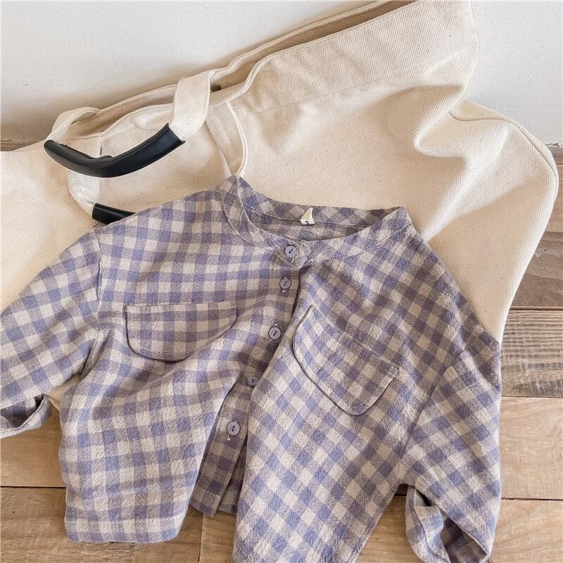 【即納】ノーカラーチェックシャツ|海外子供服|韓国子供服