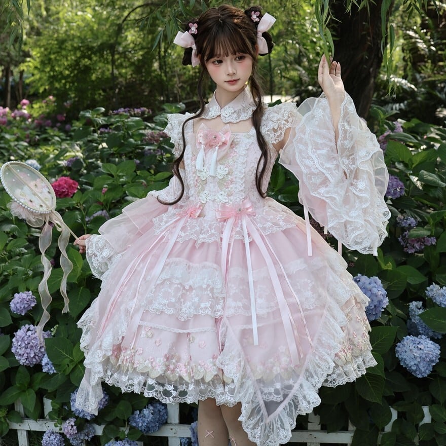 桃花の夢庭園 ピンクレース重ねバックリボン付き甘ロリ3点ジャンスカ