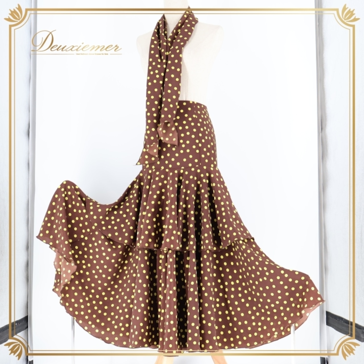 フラメンコ 衣装 ファルダ スカート ボウタイ 茶色 黄色 ドット 水玉 レトロ カントリー かわいい フリル ボランテ ダンス パーティ 発表会 ブラウン系 イエロー系 レディース おしゃれ コスチューム 大人