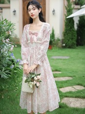 【0264】Pink Flower Ribbon Long Sleeve Dress