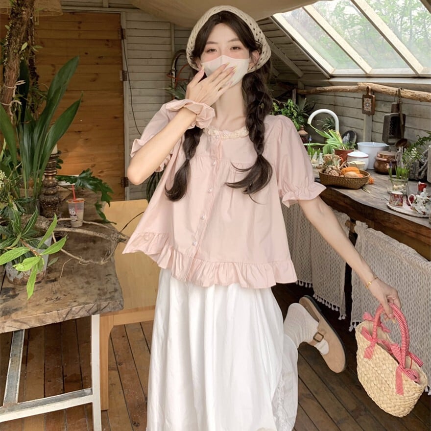 サブカル 服 地雷系 通販 半袖 ブラウス パフスリーブ