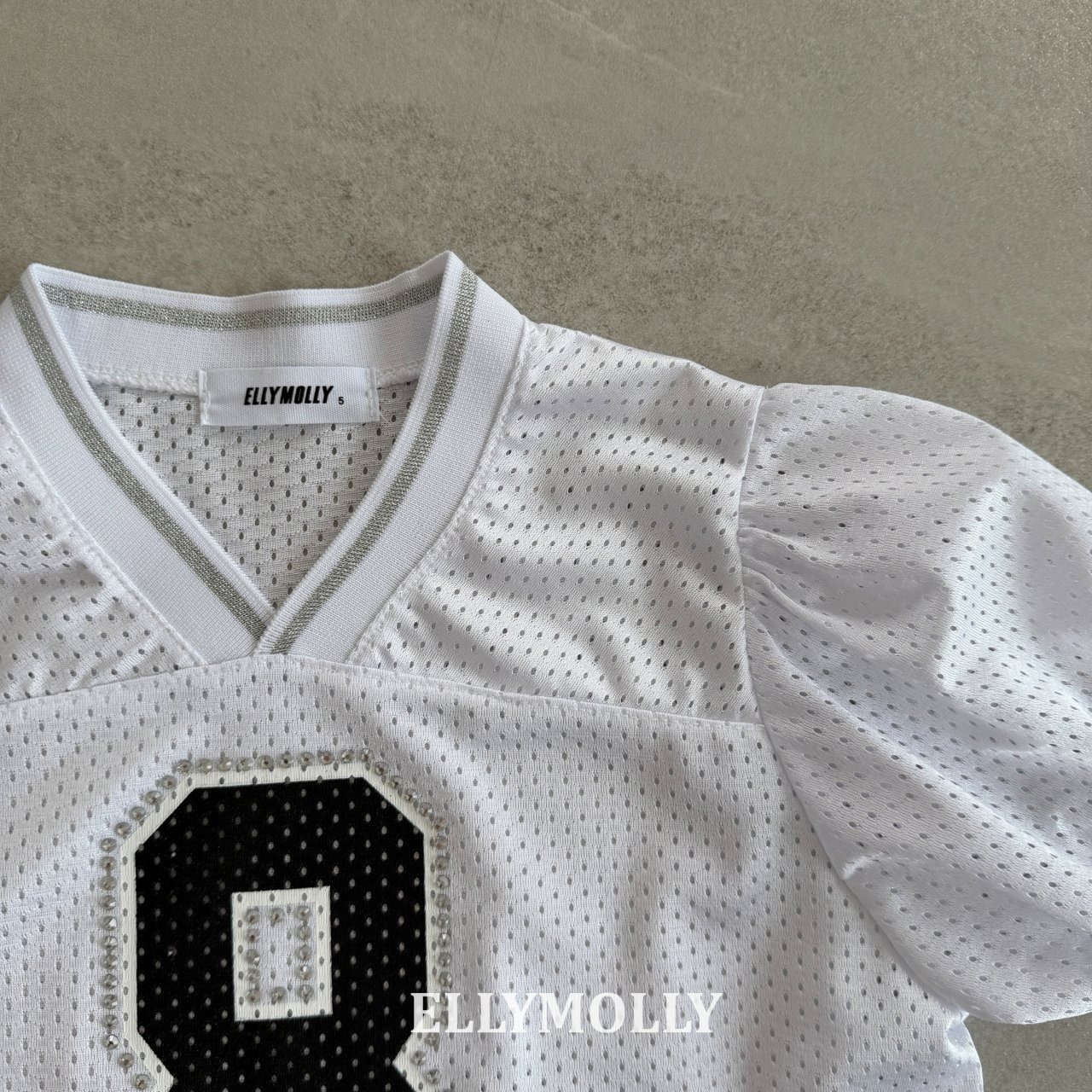 [ELLYMOLLY] Mesh Puff V-neck Top Tee / [엘리몰리] 메쉬퍼프브이넥티