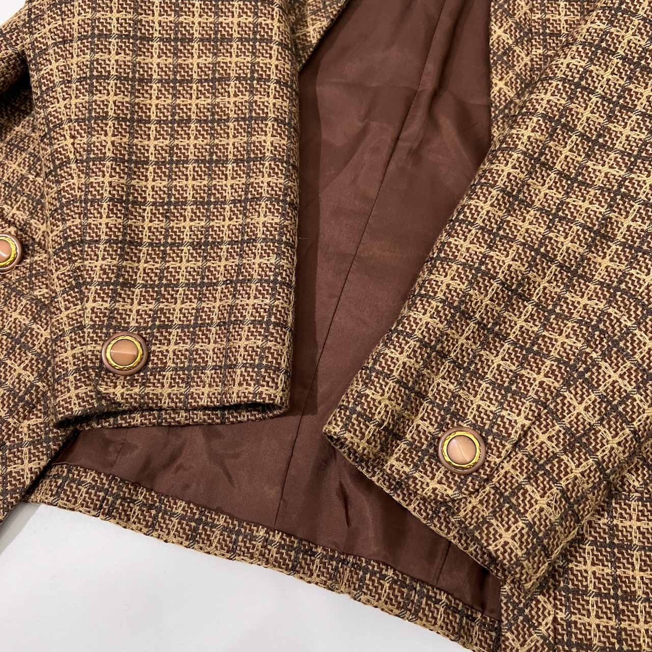 カシミヤ混 レリアン Leilian 金系ボタン チェック柄 ノーボタン オープン ジャケット 13+ /フランス製生地/ブラウン系/日本製