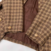 カシミヤ混 レリアン Leilian 金系ボタン チェック柄 ノーボタン オープン ジャケット 13+ /フランス製生地/ブラウン系/日本製