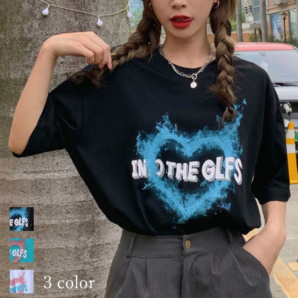 ハートロゴ Tシャツ レディース 春夏秋 韓国 トップス きれいめ 大人 かわいい おしゃれ 五分袖 カジュアル 大人可愛い Ritz Chic レディースファッション通販