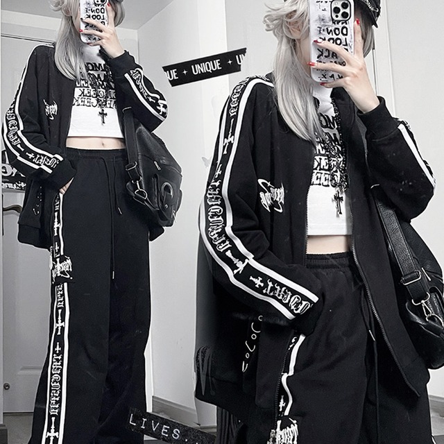 天使界隈・地雷系 パンツ 十字架グラフィック ラインジャージ （ホワイト/ブラック）