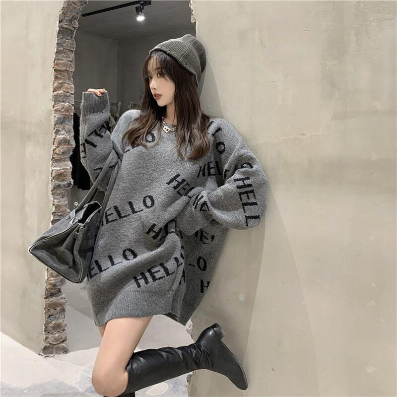 セーター レディースルーズグレースタイルオータムウィンタースタンダードラウンドネックプルオーバー トップス レトロ 秋物 冬物 Oネック ブラックストロベリース97776474056