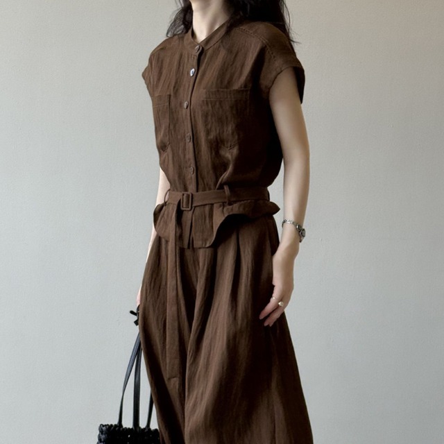 【set up】belted sleeveless shirt & wide pants L0544