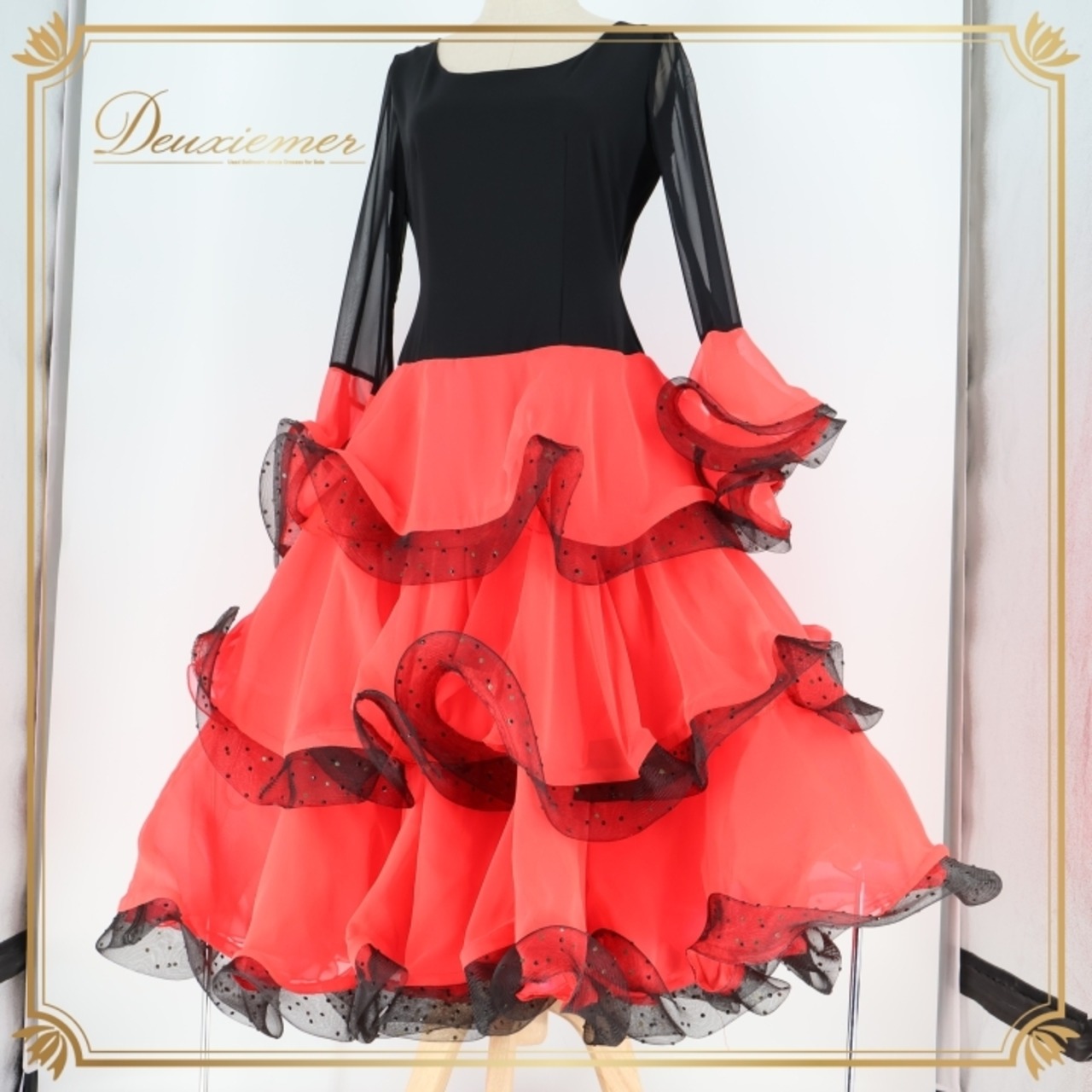 社交ダンス 衣装 ワンピース ドレス 赤 黒 パーティ 発表会 フリル レース ホースヘア ボリューム 伸縮 デモ 競技 ダンス ブラック系 レッド系 スカート ふんわり 大きな袖 女性用 エレガント おしゃれ パーティードレス ダンス衣装 フォーマル フリルスカート レディース