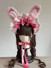 ♡【全9色】MAID うさみみフリルレースリボンハーフボンネット pink ♡
