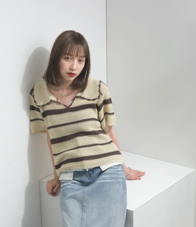 ナンバーミーTOKYO" MESH BORDER MARIN KNIT" BEIGE