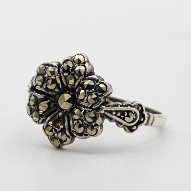 Marcasite Studs Accent Elaborate Flower Design Ring #13.0 / Denmark