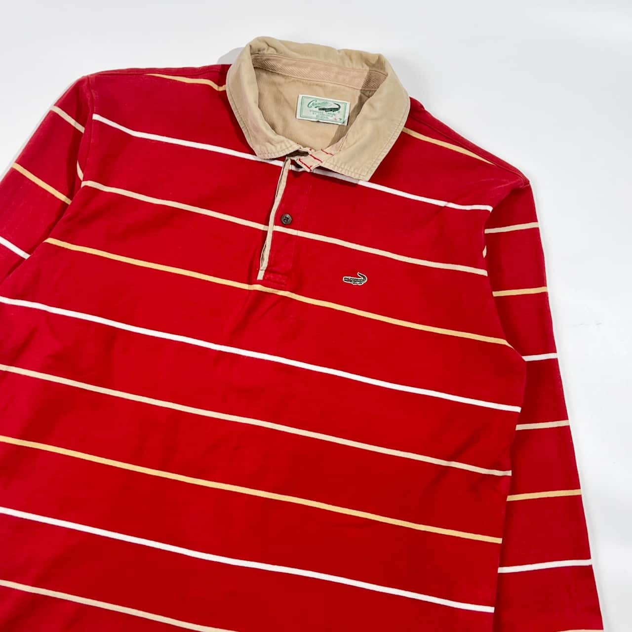 Crocodile クロコダイル ボーダー 天竺 長袖 ポロシャツ ラガーシャツ L/レッド系 メンズ 襟コーデュロイ切替