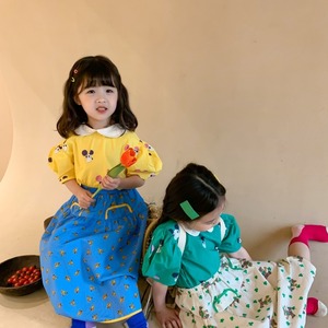 《取寄》総柄レトロ丸襟トップス （イエロー／グリーン） KMAI 2025夏 韓国子供服 トップス カットソー ブラウス いぬ 古着風 （80~140cm）