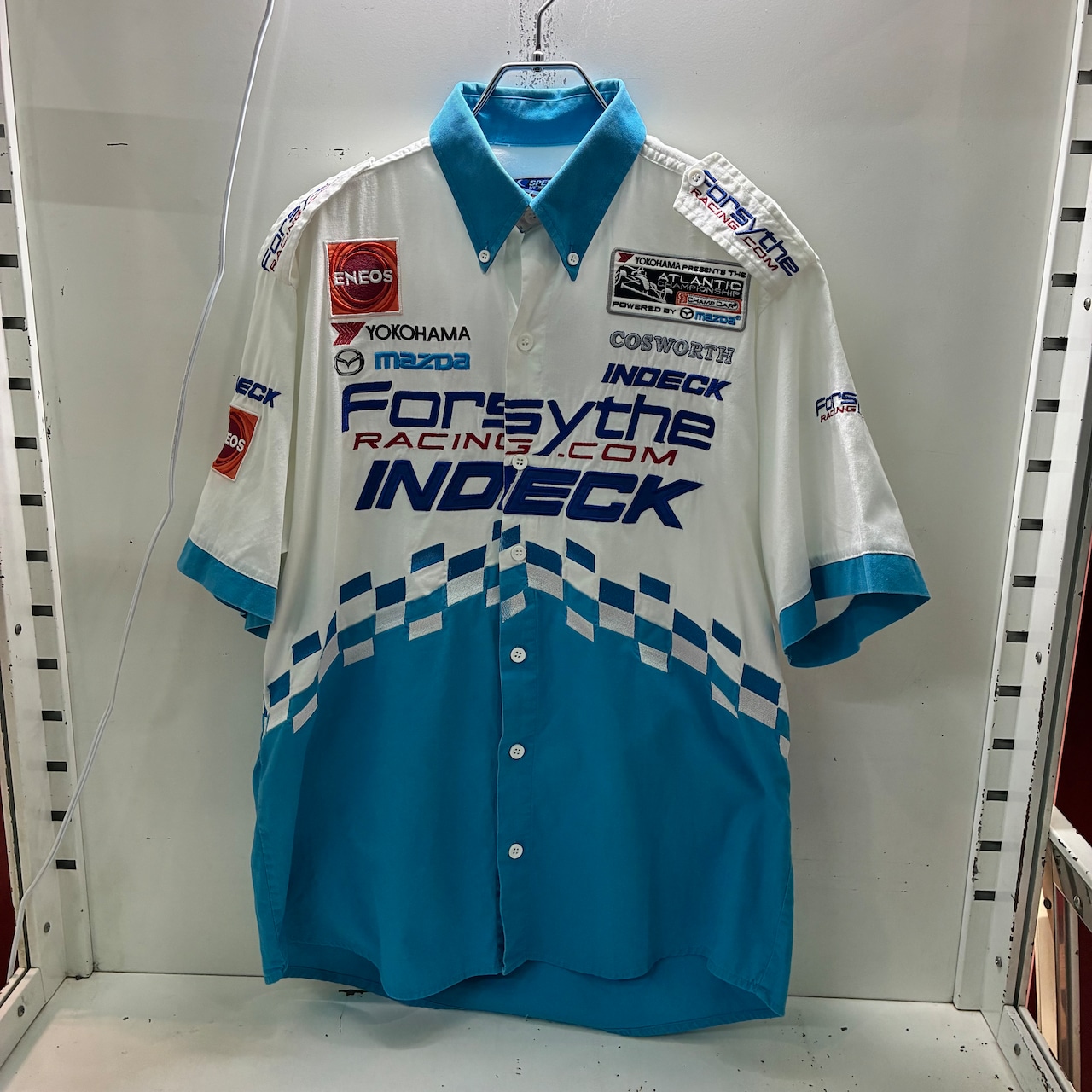 Forsyth Racing ワークシャツ 白×水色 フルデコ 刺繍 ピットクルーシャツ