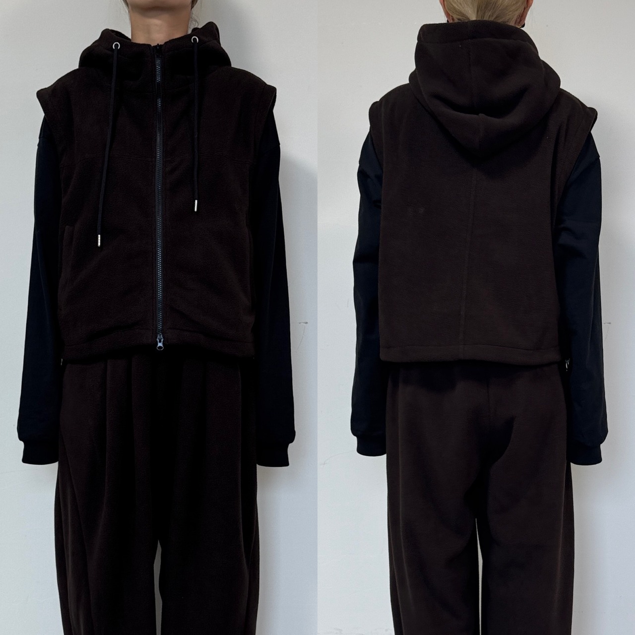 Wzipフリースフーディーvest/ブラウン