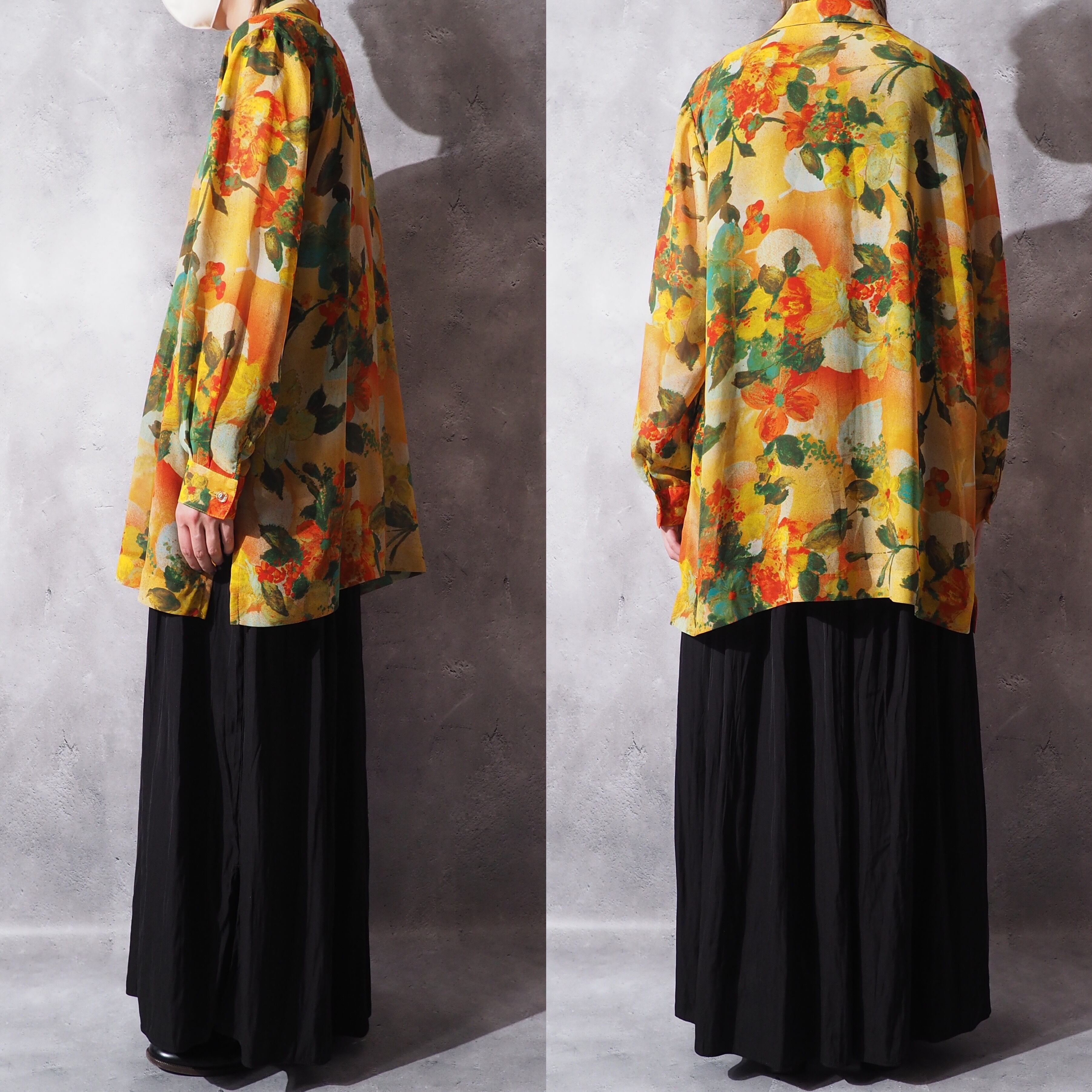 1990s Botanical Flower painted translucent open callar shirt