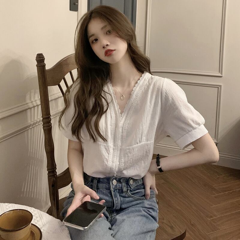 スタイルVネックスリーブトップス サマーホワイトシャツ 夏物 試着室48092223825