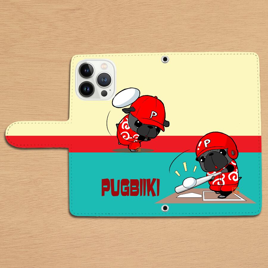 スタンド付き 両面印刷 手帳型 iphoneケース 野球パグ（黒パグ）