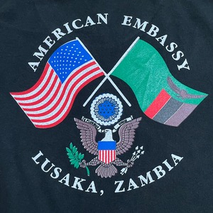 【HANES】XL ビッグサイズ Tシャツ メキシコ製 アメリカ大使館 ザンビア U.S. Embassy Zambia ワンポイントロゴ バックプリント 国旗 BEEFY-T 半袖 US古着