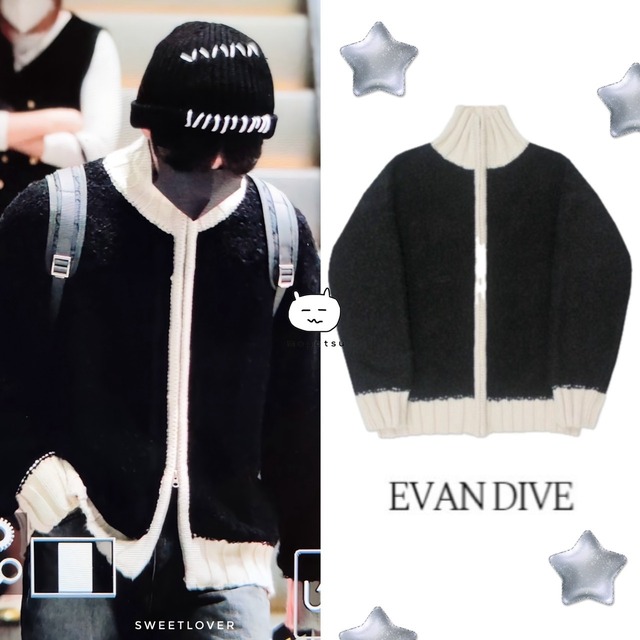 ★Stray Kids リノ 着用！！【EVAN DIVE】ビション ブクル 配色 ニット ジップアップ