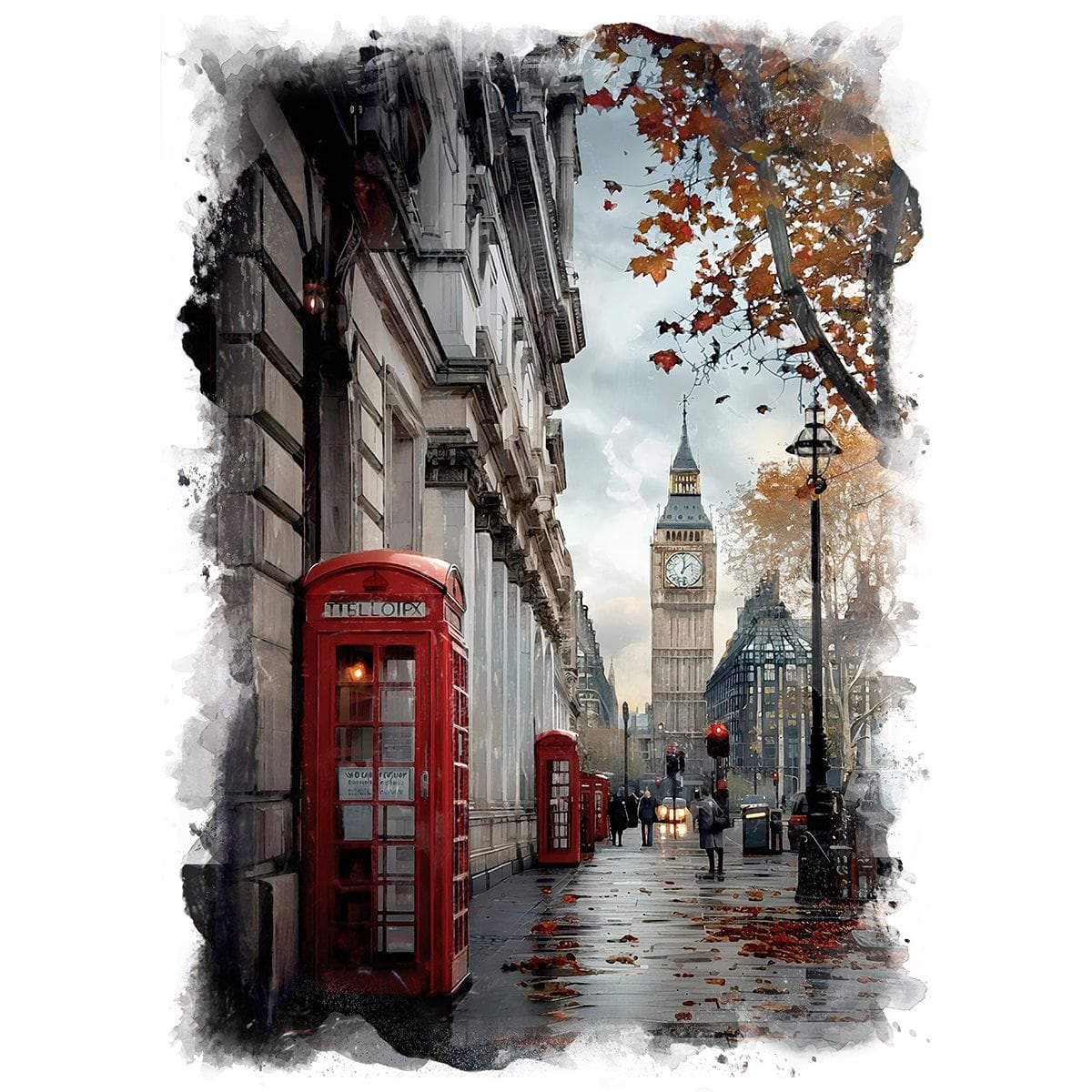 絵画 風景画(街並み) イギリス ロンドン ビッグベンと電話ボックス インテリアアート額付き 水彩画・油絵風 WAT0888