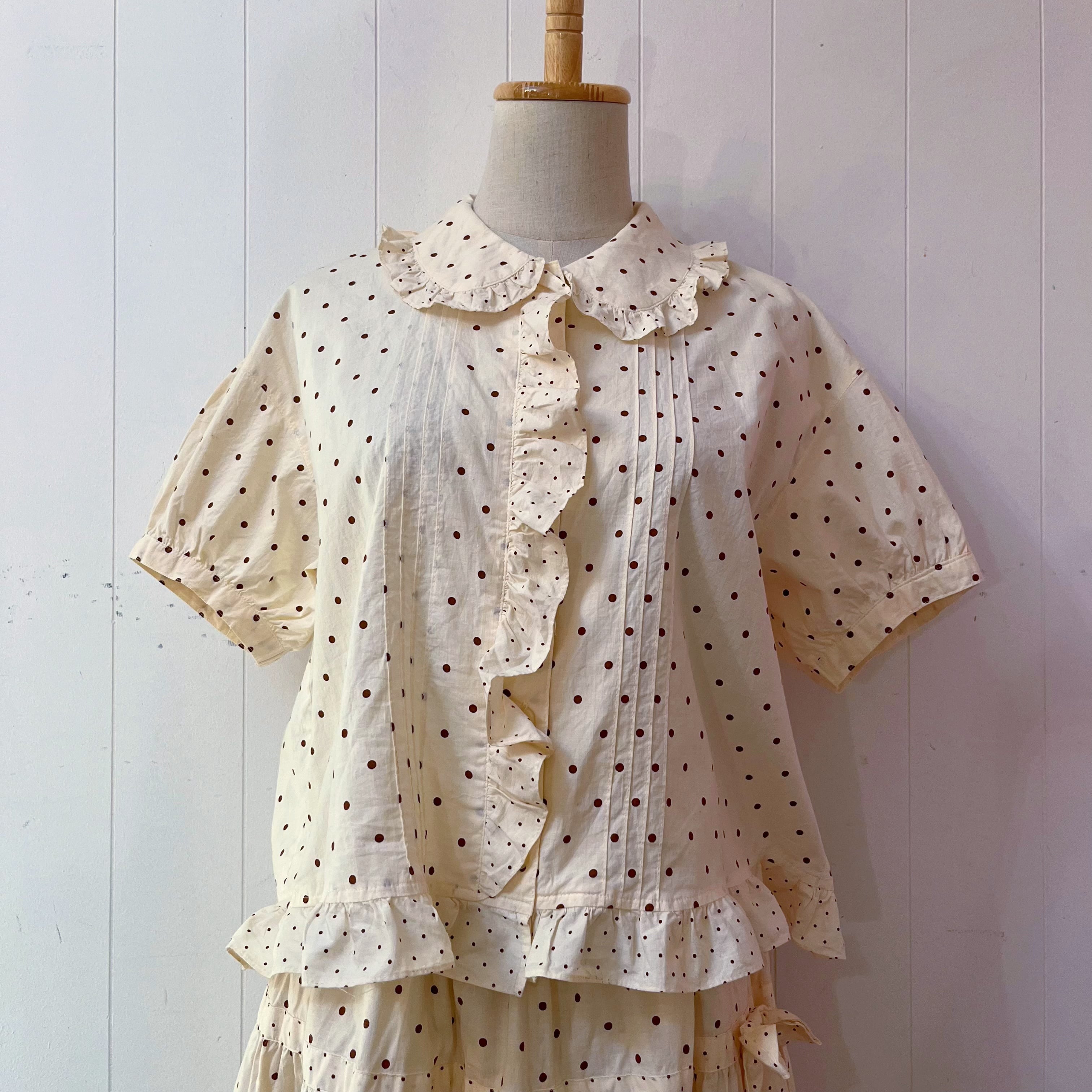 cream brown dot blouse & skirt set up