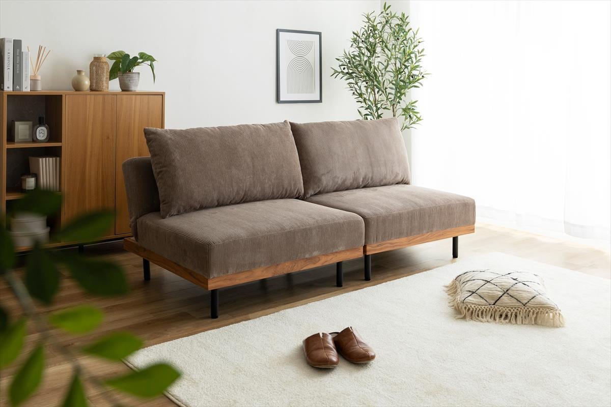 【全4色】コーデュロイ×木目柄×アイアンの異素材MIXリクライニングソファ(幅180cm)