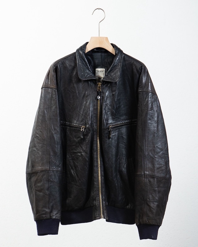 zip up leather blouson w/navy rib