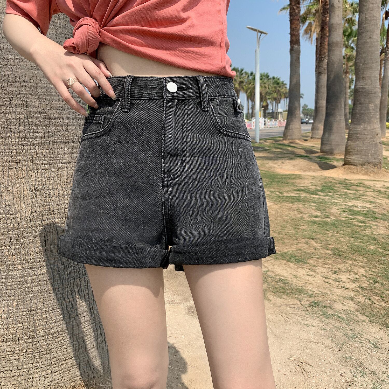 サマーブラックショーツ 薄手ハイウェストAライン 夏物 ブルマー HUCHUJING30127590092