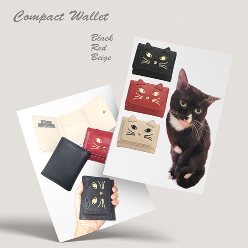猫ちゃんコンパクト財布　顔刺繍　三つ折り　小さめ　小銭入れあり　カード収納　天赦日　開運　金運　PAJ0021