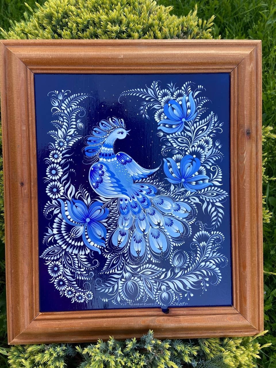 青い鳥】ペトリキフカ塗り 壁掛け手描きアートパネル（ティモシェンコ