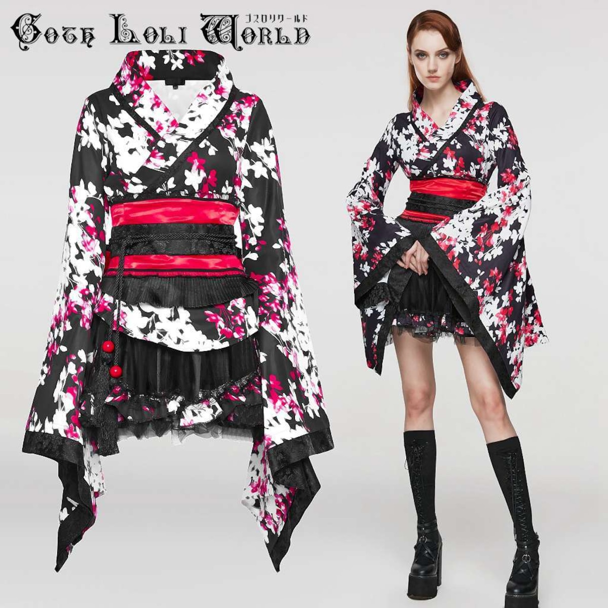即納/送料無料】WLQ-001LQF-BK-WH 黒地紅白花柄ミニ丈4ピース和風 