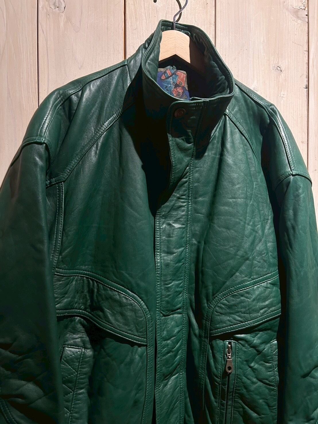 a.k.a.C.a.k.a vintage】Vivid Green Vintage Stand Collar Leather